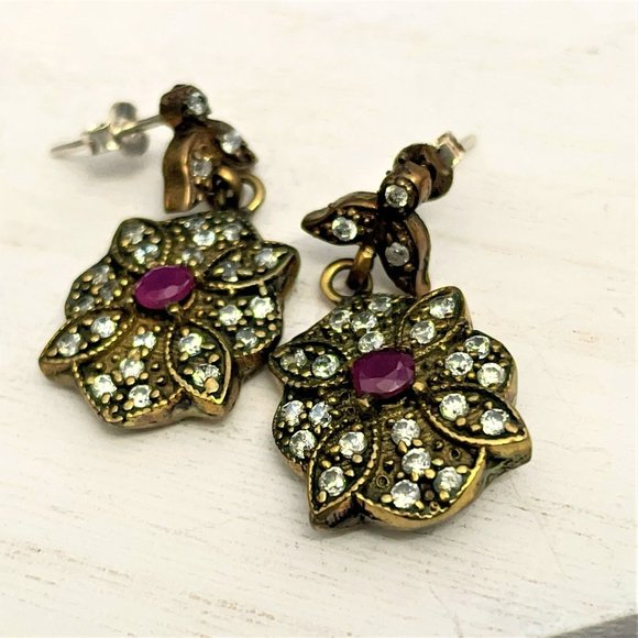 Turkish Sterling Silver Genuine Ruby Simulated White Topaz Dangle Earrings EUC - Picture 5 of 11